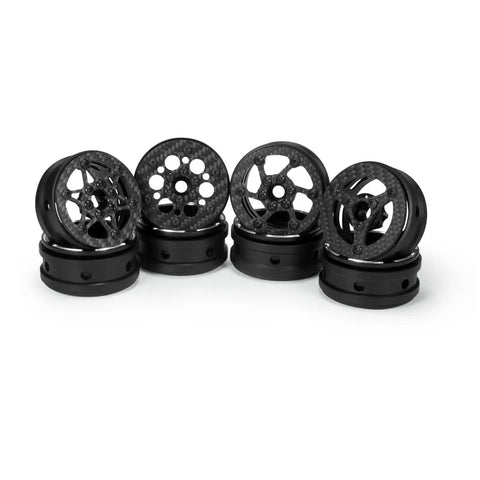 Crush The Trails With These Sick 1.9 Carbon Fiber Beadlock Wheels For RC Crawler Cars Featuring CNC Aluminum Hubs Quick Tire Swaps And Black Finish SCX10 TRX4 Gmade - side view showcasing distinct designs.
