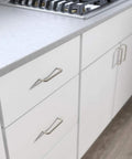 Solid Wire Cabinet Pulls Ultra Minimal Handles For Cupboards And Drawers, Satin Nickel Finish, installed on white kitchen cabinets