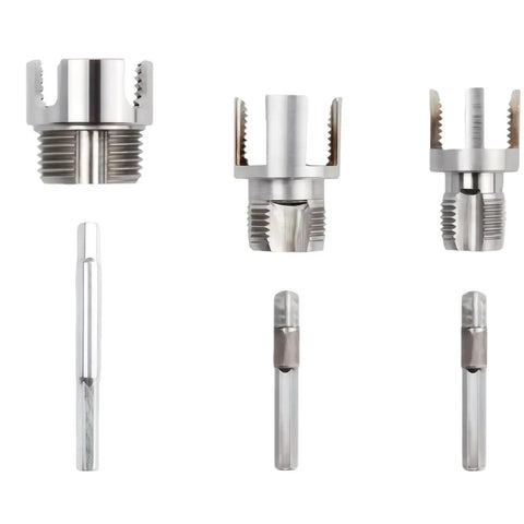 All In One Pipe Threading Kit With Integrated Internal And External Tools, Dual Function Cutting Tool For One Half Inch, Three Quarter Inch And One Inch PVC Pipes, DIY Friendly Electric Drill Compatible, Three Piece Set showcasing threading and cutting components