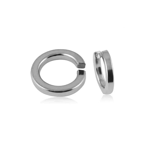 304 Stainless Steel Split Lock Washers Set For Nuts Bolts And Screws Vibration Resistant Heavy Duty No Fuss Install Between Fastener And Surface Multiple Sizes GB93, showcasing two washers on a white background