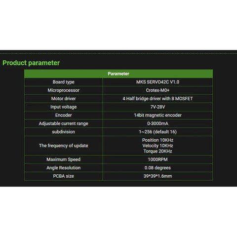 Front view: MKS SERVO42C V1.0 parameter table; 7–28V input, 14-bit encoder, 0–3000mA, 39×39×1.6mm PCBA.