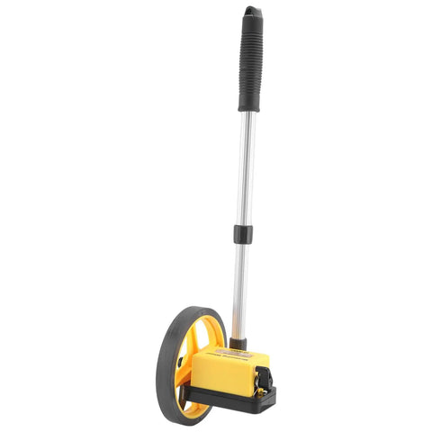 Measuring Wheel with Foldable Telescopic Handle, 0-9999.9m Range, collapsible design, yellow and black, suitable for surveying.