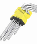 Professtional 9-Piece Ball End Hex Key Wrench Set Made With Chrome Vanadium Steel For Mechanics And Engineers Featuring Ergonomic Grip And Rock Solid Durability To Get Any Tough DIY Job Done Without Rounding Screws Or Hitting Limits In The Shop. 9-piece chrome vanadium steel ball end hex key set in yellow holder, 1/16 to 3/8 inch