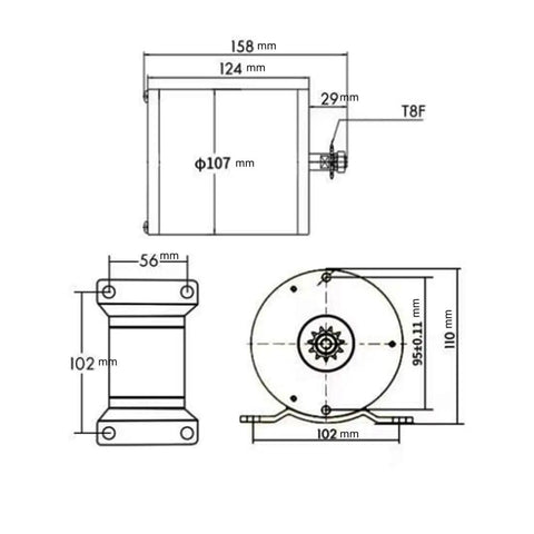 Technical diagram of 1000W Brushless DC Motor Kit With 36V 3100 RPM Output 27.7A Speed Controller And Throttle Grip dimensions.