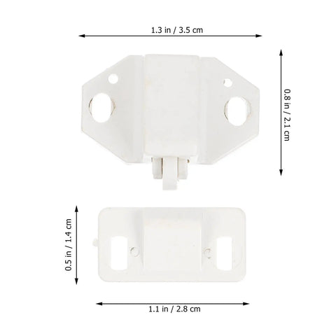 10 Sets Plastic Ball Catch Door Locks for Furniture showing two-piece latch design with measurements, in white plastic.