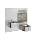 Silver wall-mounted dual water fountain with bottle filling station, featuring stainless steel design and digital interface.