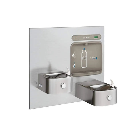 Silver wall-mounted dual water fountain with bottle filling station, featuring stainless steel design and digital interface.