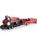 Red Menace One Sixty Fourth Scale Pulling Tractor With Pickup Truck And Trailer Set diecast tractor with rubber tires