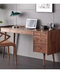 Ergonomic Adjustable Standing Desk Featuring Rich Walnut Desktop Four Deep Storage Drawers Integrated Monitor Stand for work setup