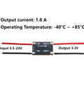 Five Pack Go To 3.3V Buck Converter Module With Wide 4.5 To 24 Volt Input To Steady 3.3 Volt Output Regulator For Microcontrollers And Sensors Up To 1.8A In A Tiny 17.5 By 12 By 4.5 mm Package Perfect For 9 12 24 Volt Projects, showing input and output wires with specifications.
