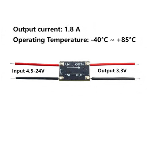 Five Pack Go To 3.3V Buck Converter Module With Wide 4.5 To 24 Volt Input To Steady 3.3 Volt Output Regulator For Microcontrollers And Sensors Up To 1.8A In A Tiny 17.5 By 12 By 4.5 mm Package Perfect For 9 12 24 Volt Projects, showing input and output wires with specifications.