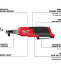 M18 Fuel Mid Torque Impact Wrench Paired With M12 Fuel High Speed Ratchet Two Piece Combo Kit Featuring RedLithium Xc50 Battery, side view with features labeled.