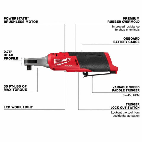 M18 Fuel Mid Torque Impact Wrench Paired With M12 Fuel High Speed Ratchet Two Piece Combo Kit Featuring RedLithium Xc50 Battery, side view with features labeled.
