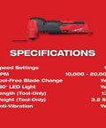Specifications of Badass Brushless 12V Oscillating Multi Tool Full Setup Kit with details on speed, weight, and features.