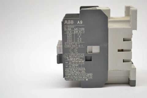 Side view of Single AC Contactor A9-30-01 1000V DC Rated 26A 110-120VAC Coil 60/50Hz 7.5HP Motor Control Relay 3-Pole Part B300348