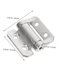 Close-up of silver Mobestech cabinet door hinge; heavy-duty damping with mounting holes for residential cabinets.