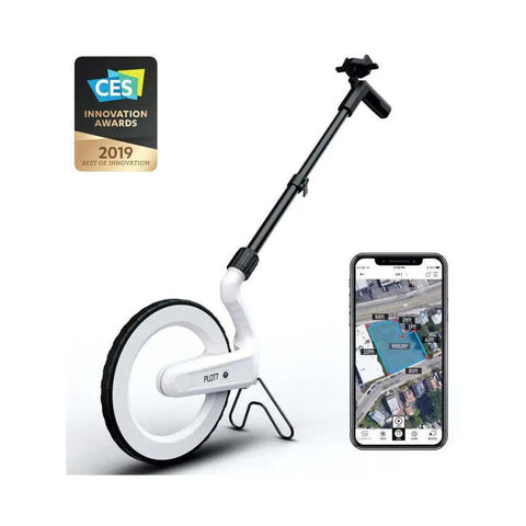 Digital Mapping Wheel With Spray Paint Attachment, Pro Grade Electronic Distance Measuring Tool For Quick, Accurate Estimating In Feet, Inches, Yards, And Meters, Built For Indoor And Outdoor Projects. White wheel with smartphone app