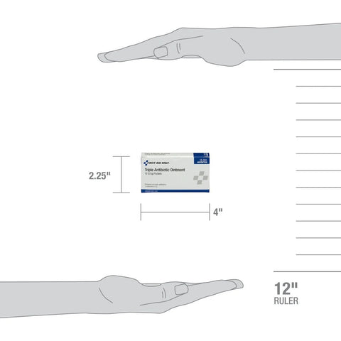 First Aid Only triple antibiotic ointment box of 12 packets, white box with blue accents.
