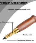 Adjustable Leather Hole Punch Tool With Wooden Handle Automatic Puncher showing ergonomic wood handle and brass components.