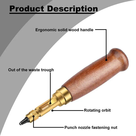 Adjustable Leather Hole Punch Tool With Wooden Handle Automatic Puncher showing ergonomic wood handle and brass components.