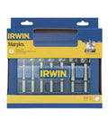 IRWIN Marples Forstner bit set, 8-piece, metal drill bits in blue and yellow packaging (front view)