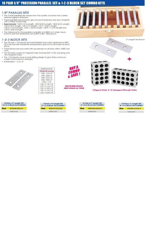 HHIP 9999-0031 1/8 x 3" precision parallel set with 1-2-3 block set, front view