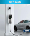 Portable Two In One Level 1 And Level 2 Electric Charger 32 Amp Adjustable 240 Volt Plus 110 Volt Support 26 Feet Cable Nema 14-50 Adapter plugged in, charging an electric vehicle.