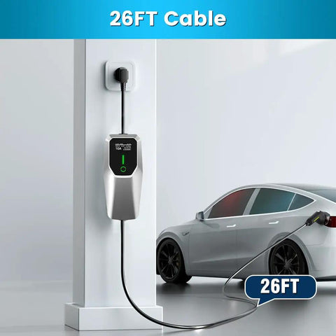 Portable Two In One Level 1 And Level 2 Electric Charger 32 Amp Adjustable 240 Volt Plus 110 Volt Support 26 Feet Cable Nema 14-50 Adapter plugged in, charging an electric vehicle.