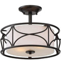 Avara 2 Light Semi Flush Mount Ceiling Light in oil rubbed bronze with fabric shade and steel construction, warm lighting
