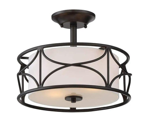 Avara 2 Light Semi Flush Mount Ceiling Light in oil rubbed bronze with fabric shade and steel construction, warm lighting