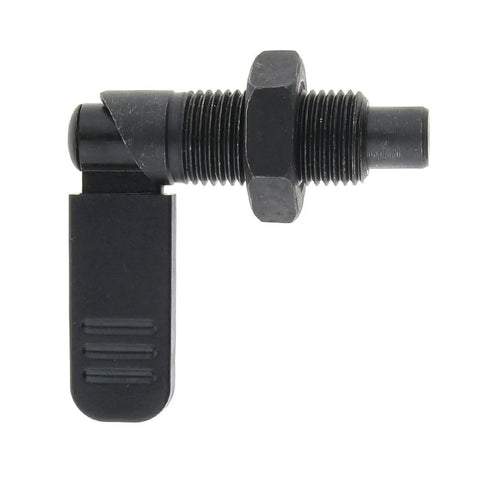 Black spring loaded latch pin with lock nut quick release indexing plunger M16x10mm for inserting and extracting pins.