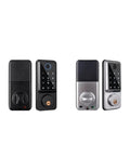 Slick Smart Deadbolt Lock Auto Latch Door Sensor And No Sweat Fingerprint Unlock Bluetooth Remote Control in black and silver.