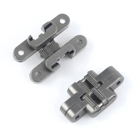 Zinc Alloy Hidden Cross Cabinet Hinge With 43mm Size And Soft Close Damper For 15 16 18 Board Cabinets, shown open and closed