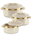 Stainless Steel Casserole Set Featuring Zero Sweat Double Wall Heat Lock To Keep Your Roti Gravy And Batch Cooked Meals Fresh Hot All Day Long Pro Grade Kitchen Storage Containers Set Of Three Ivory with elegant gold trim.