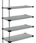 Rock Solid Stainless Steel Five Shelf Add On Kit For Heavy Duty Storage Racks 74 Inches High By 72 Wide By 24 Deep Modular Industrial Garage Expansion Setup showing five stainless steel shelves