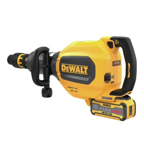 High Power 60V Brushless Cordless Chipping Hammer With SDS Max Chuck and rear handle setup showing ergonomic design and FLEXVOLT battery.