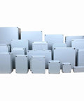 Front view of IP66 waterproof cast aluminum junction boxes in multiple sizes for outdoor electrical projects