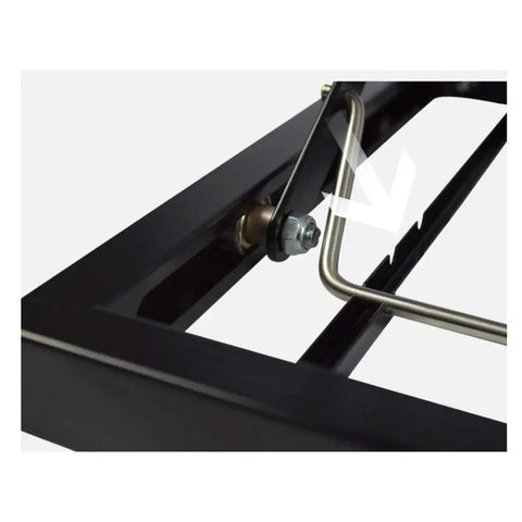 Close-up of the adjustable height mechanism and steel chassis of the Slick Foldable Office Desk With Adjustable Height Mobile Workbench.