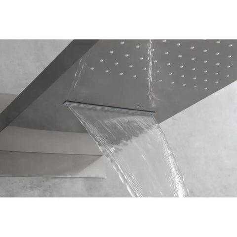 Shower System with Waterfall Rainfall Head, Handheld, Wall-Mounted Faucet with cascading water flow from the head.