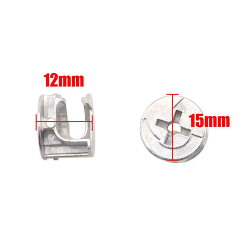 Heavy Duty Zinc Alloy Furniture Cam Locks 50 Pack Cam Bolt Nut Connectors 15 X 12 Mm Silver close-up view of sizes 15mm and 12mm