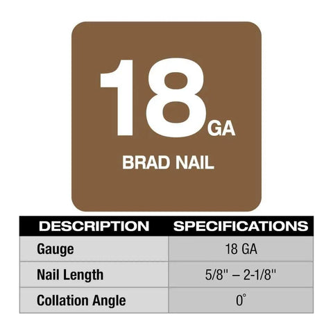 Specifications chart of M18 Fuel 18 Gauge Brad Nailer Pro Grade Finish Tool with 18 GA gauge, 5/8" to 2-1/8" nail length