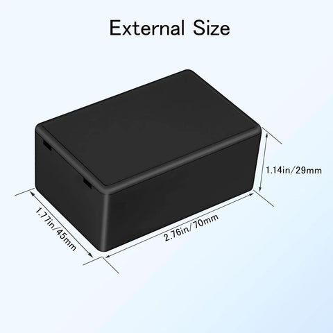 Black ABS plastic project box with external size labeled, 8 Pack Small ABS Plastic Project Box Electrical Enclosure For Power Electronics And Junction Wiring, DIY Friendly Black Compact Case External 2.76 By 1.77 By 1.14 Inches Durable Enclosures.