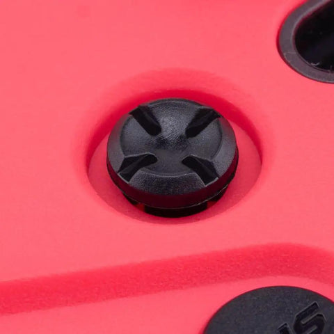 Close-up of button on Pocket Crush 2.4GHz ELRS Hall Gimbal Transmitter Remote Control, Ultra Portable Foldable Radio, Cherry Red