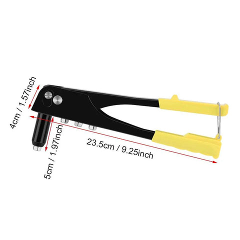 Manual Lightweight Riveter Kit Go To With Four Interchangeable Heads 2.4mm 3.2mm 4.0mm 4.8mm Heavy Duty Hand Riveting Tool With Spring Handle And Long Nozzle For Tight Spaces Like Gutters And Inner Wall Cavities, black metal with yellow handles