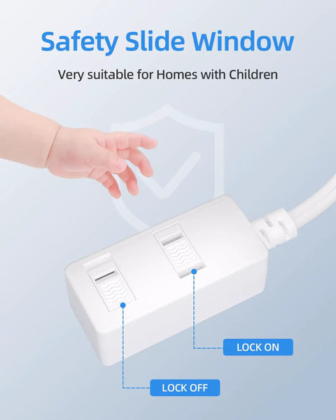Flat Plug Extension Cord Pack Six Foot White Indoor Power Strip With Three Polarized Outlets And Tamper Guard close-up view