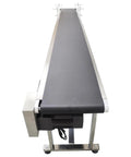 Industrial Drive Conveyor Belt With Adjustable Speed, Flat Black PVC Belt 15.7 By 118 Inches, Stainless Steel Frame, front view.