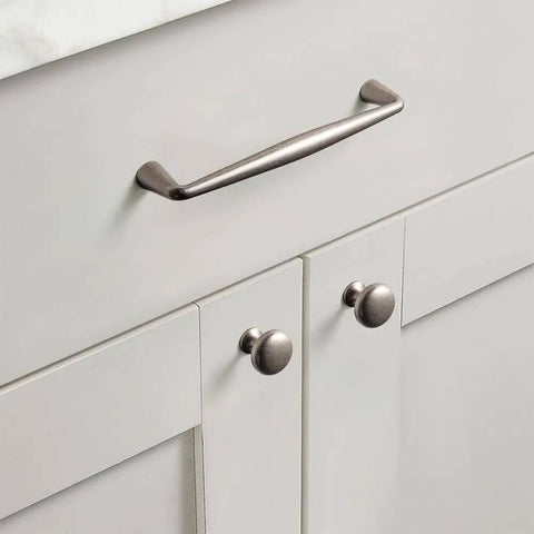 Antique Silver Zinc Alloy Cabinet Handles Set Of 6, 6.3 Inch Center To Center Pulls For Kitchen And Bedroom shown on white cabinet