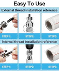 Pro Grade Five Piece Pipe Threading And Extraction Kit With Internal And External Dies Half Inch Three Quarter Inch And One Inch, Broken Bolt And Stripped Screw Extractor, 40Cr Steel Portable Case Set For Plumbing And Drill installation steps showing pipe threading and extraction process.