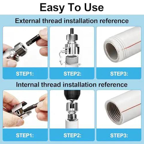 Pro Grade Five Piece Pipe Threading And Extraction Kit With Internal And External Dies Half Inch Three Quarter Inch And One Inch, Broken Bolt And Stripped Screw Extractor, 40Cr Steel Portable Case Set For Plumbing And Drill installation steps showing pipe threading and extraction process.