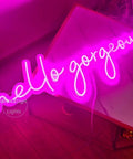Pink USB Powered Acrylic Wall Light with 'hello gorgeous' text, ideal for home decor, LED Panel with Shatter Resistant Back, 45cm By 21cm